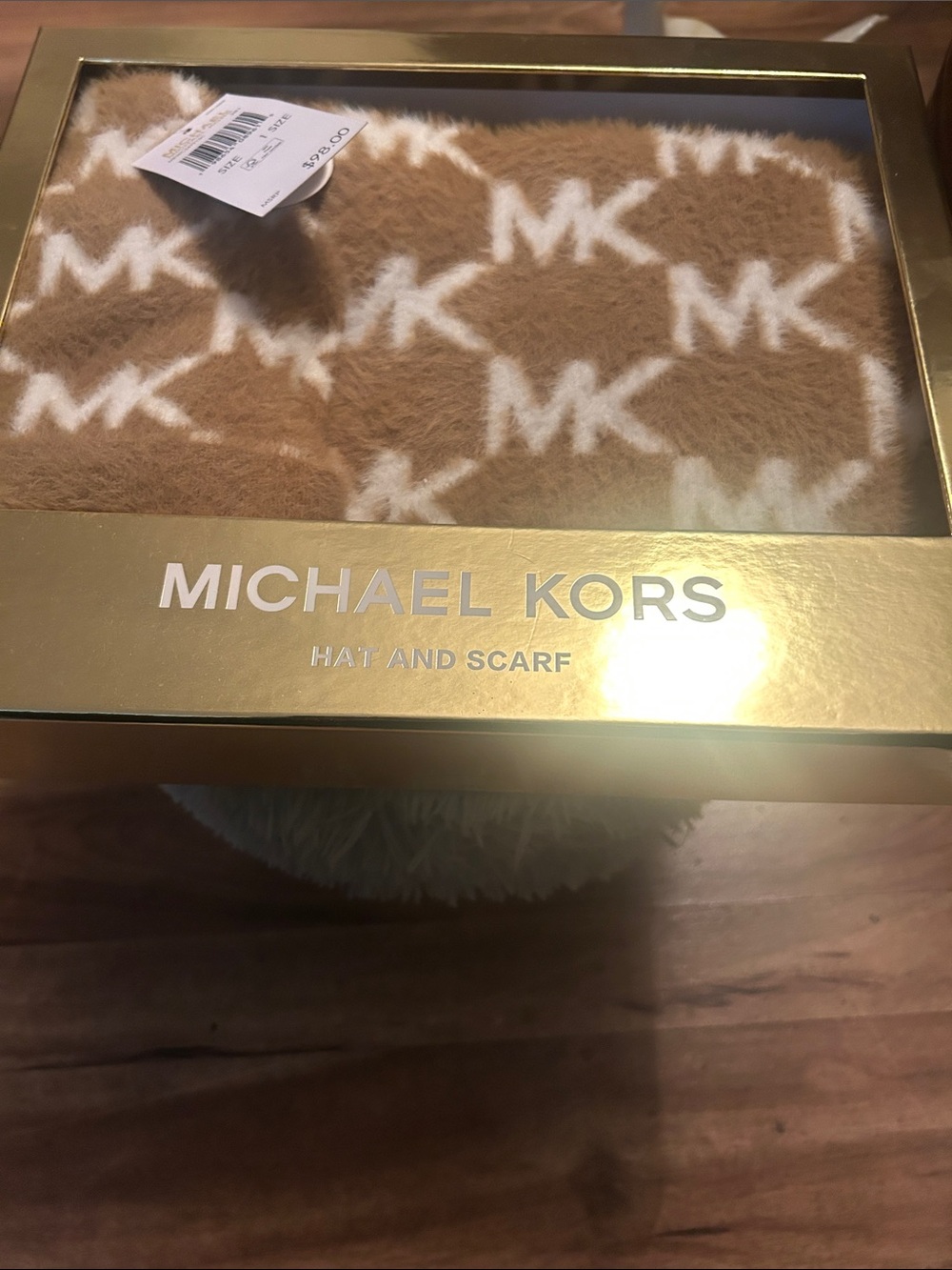 Michael Kors Tan and White MK Logo Hat & Scarf Set
